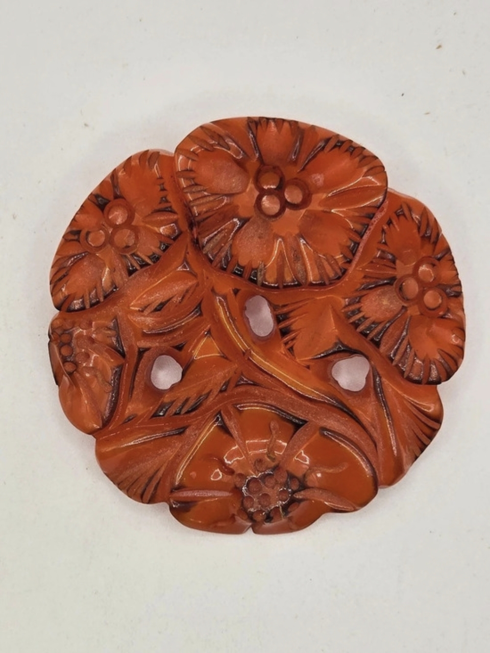 Vintage Bakelite Carved Floral Brooch in Apricot